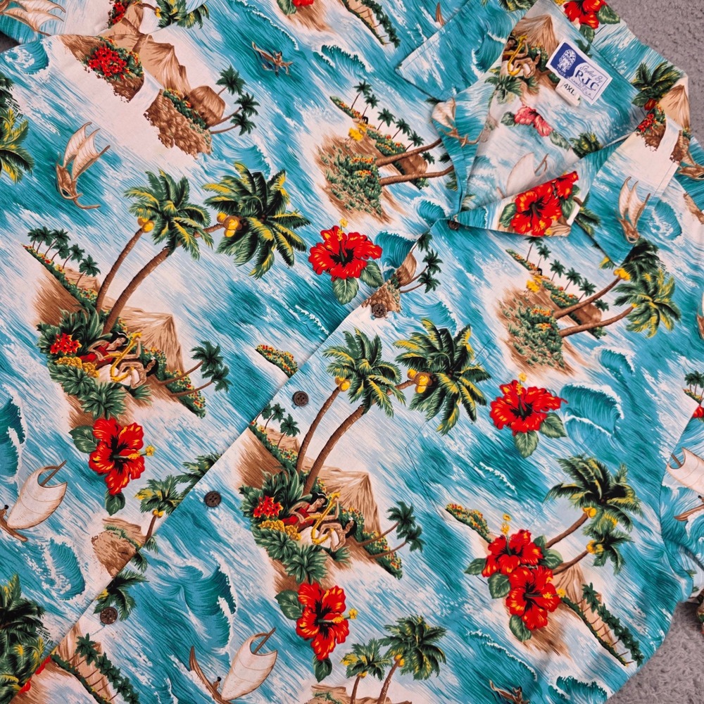 RJC Hawaiian Shirt Mens 4XL Blue Vintage Made in USA Cotton Tropical Scenic Tiki
